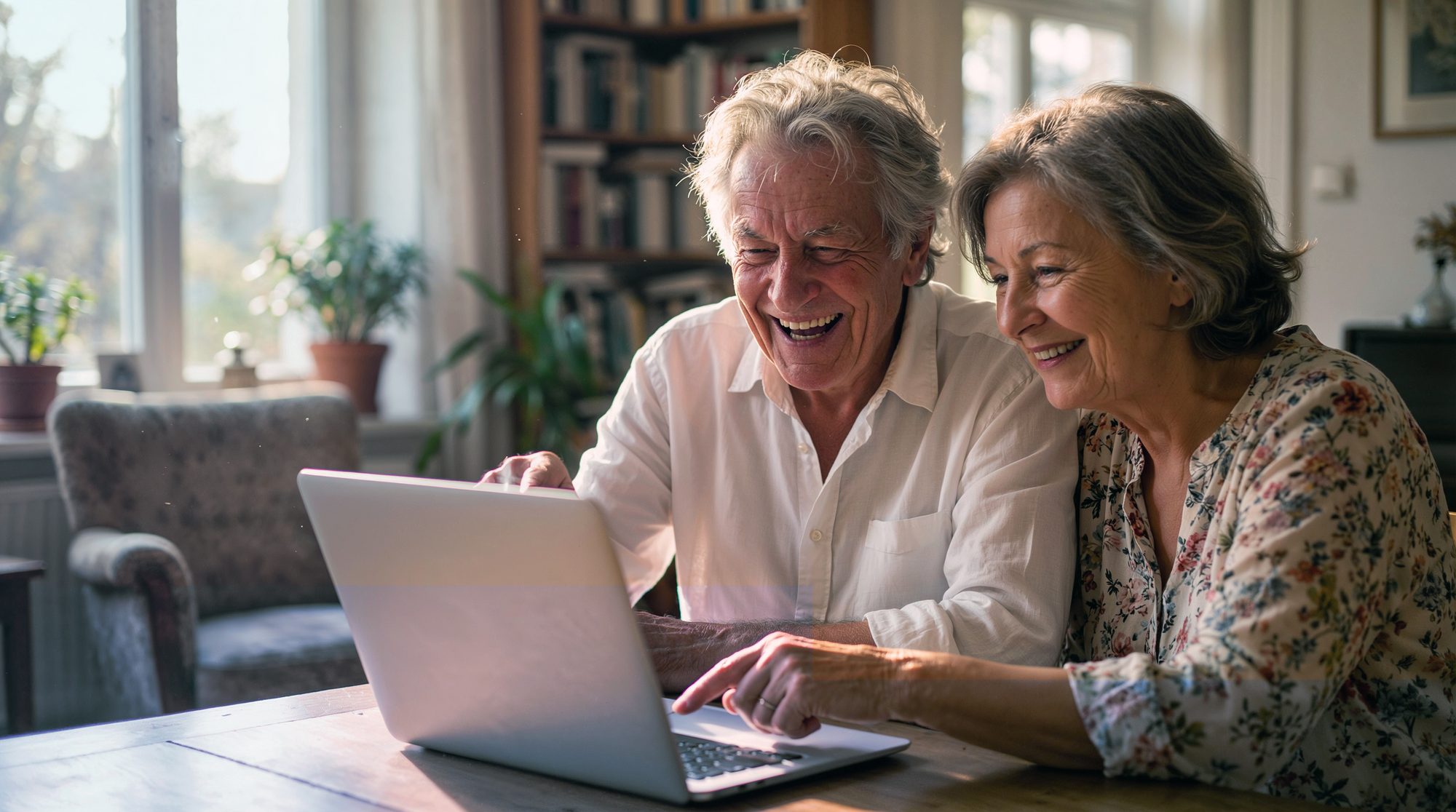 Ein älteres Paar sitzt lachend zusammen am Laptop